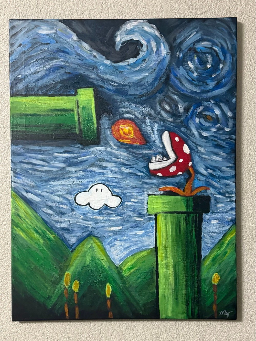 Hand-Painted Blue & Green Mario-Inspired Piranha Plant Canvas Art